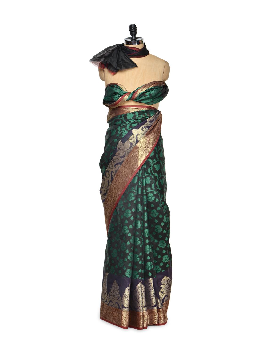 Green And Black Cotton Silk Saree With Zari Work - Bunkar