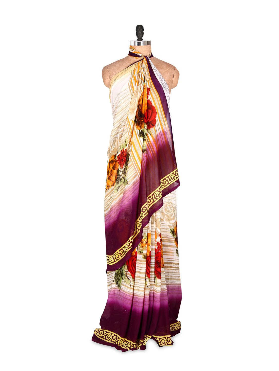 Elegant White And Purple Floral Printed Art Silk Saree With Matching Blouse Piece - Saraswati