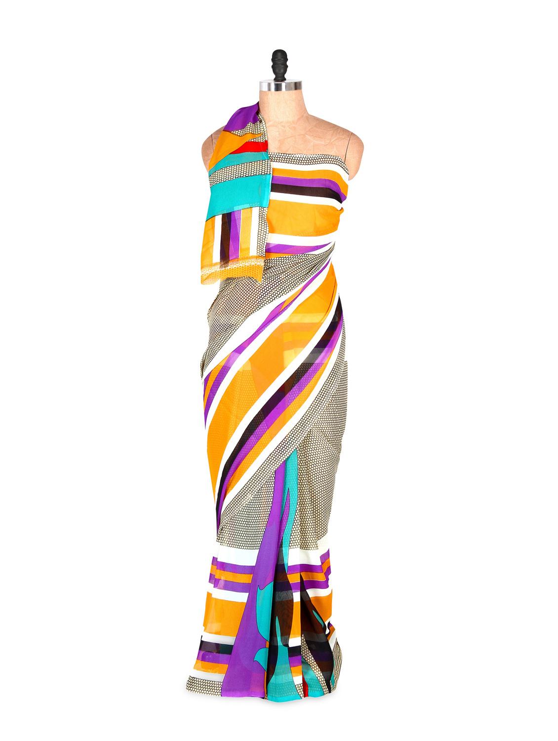 Smart And Elegant Yellow Printed Art Silk Saree With Matching Blouse Piece - Saraswati