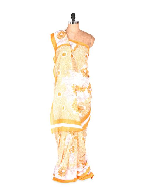 Amazing White Printed Art Silk Saree With Matching Blouse Piece - Saraswati