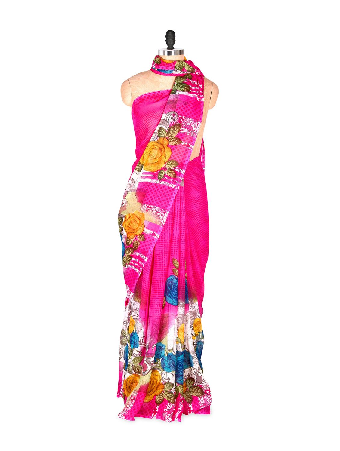 Beautiful Pink Printed Art Silk Saree With Matching Blouse Piece - Saraswati