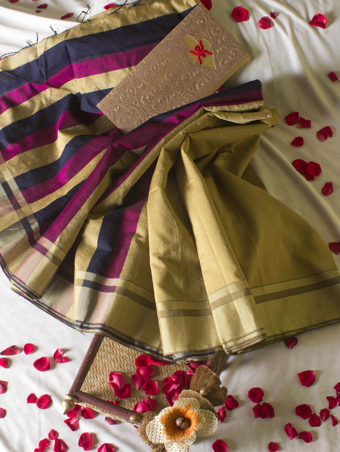 Dusty Gold Saree With Striped Aanchal - Cotton Koleksi