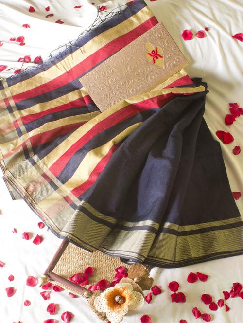 Navy Blue Saree With Striped Aanchal - Cotton Koleksi
