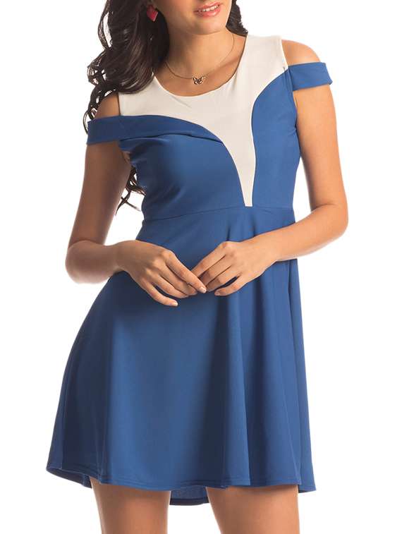 blue solid skater dress
