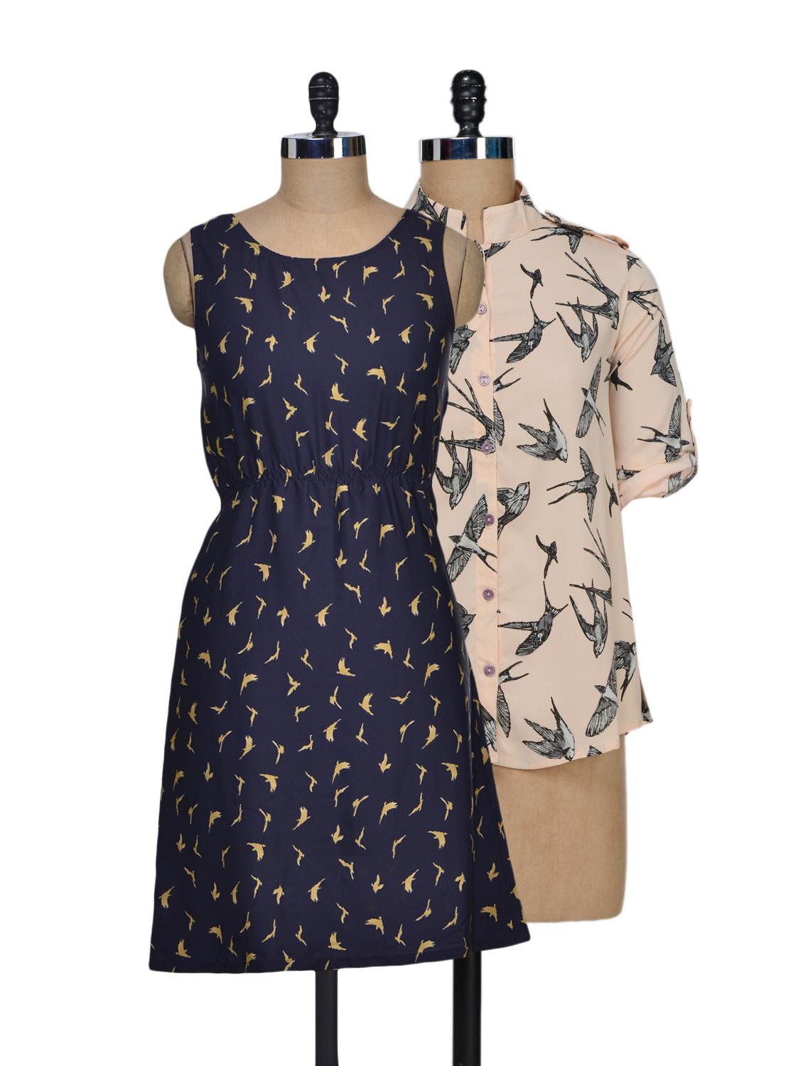 Set Of Cream Bats Print Top And Navy Blue Printed Dress - @ 499
