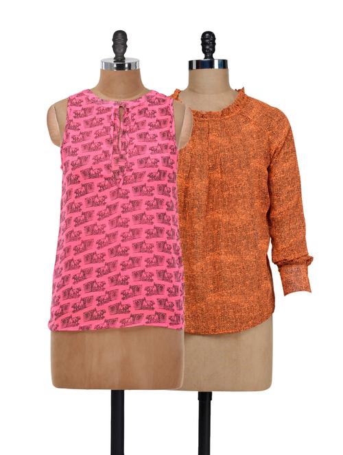 Cart Print Top & Sheer Orange Top Set - @ 499