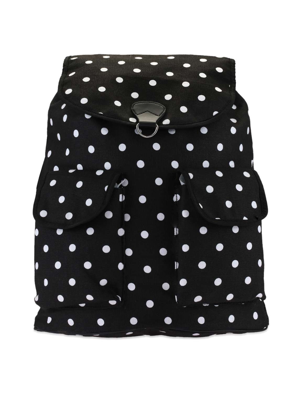 polka-dotted black backpack