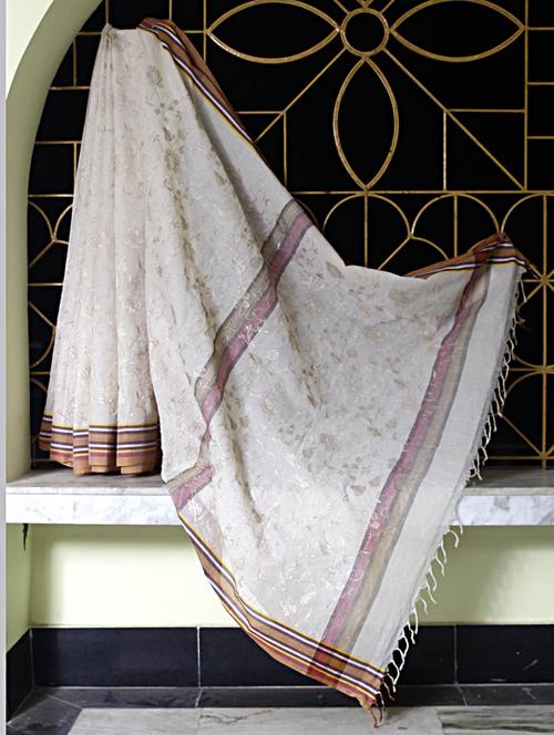 Off-white Saree With Red And Peach Border - SaDaF