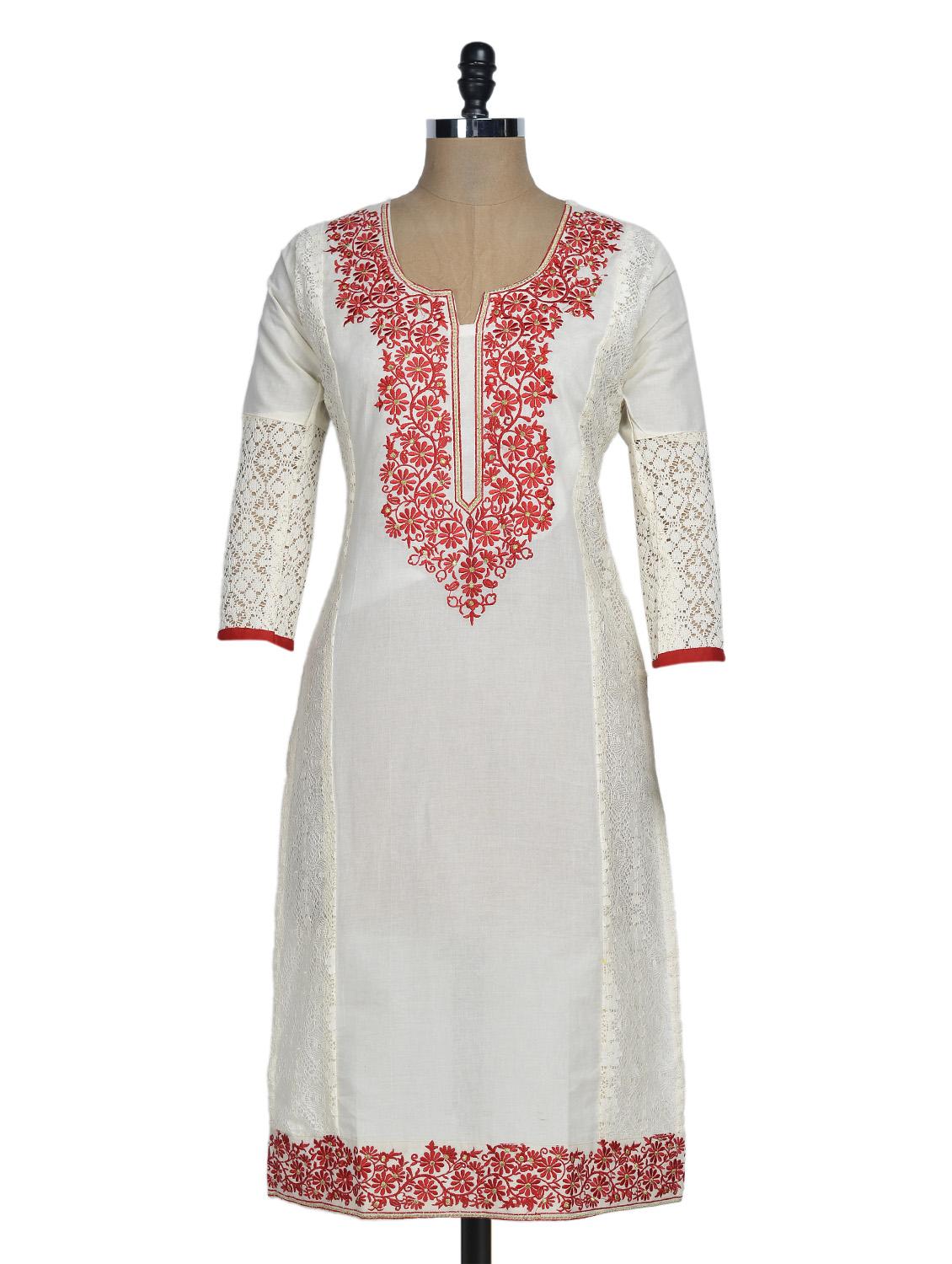 Regal White Kurti With Red Embroidery - Rainbow Hues