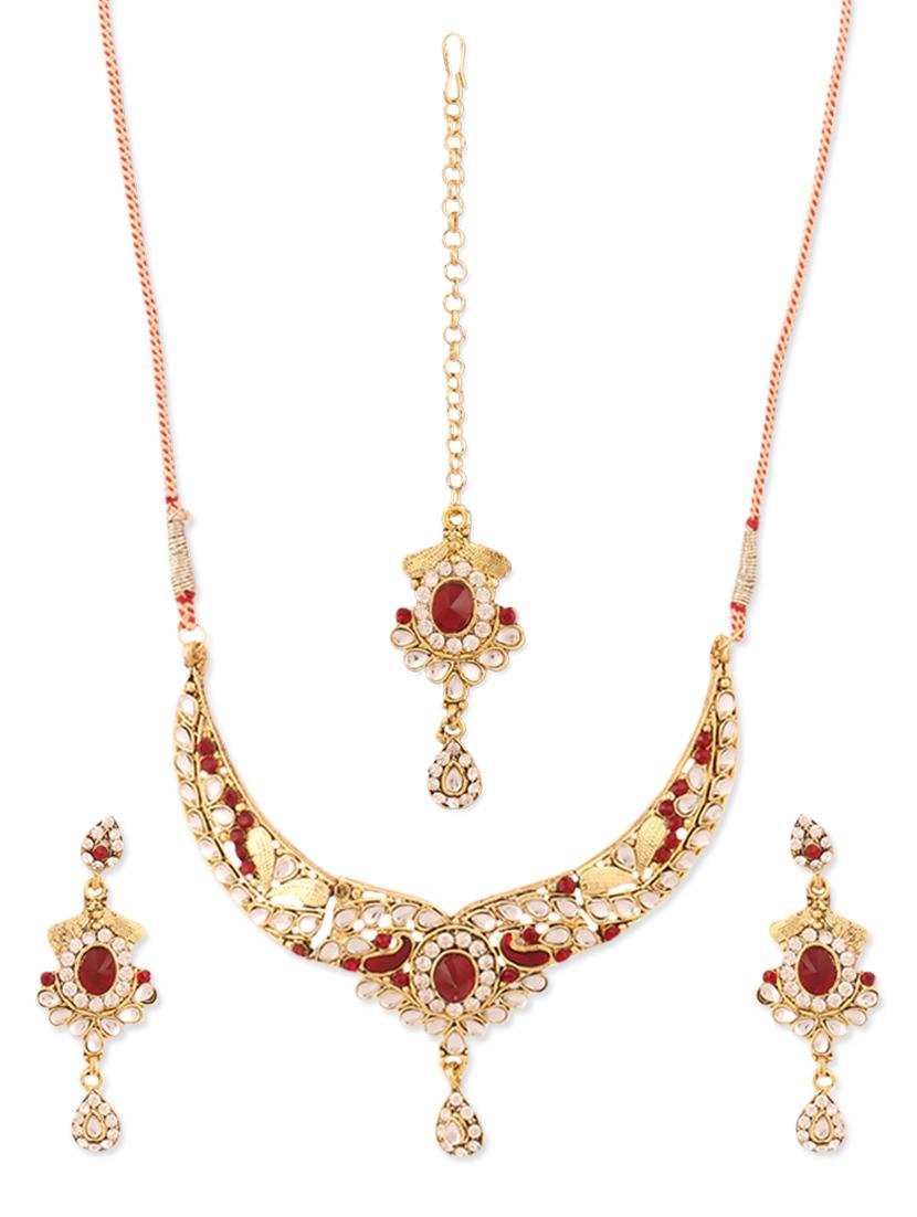 Red And Gold Stone-studded Necklace, Earrings And Maangtika Set - Vendee Fashion