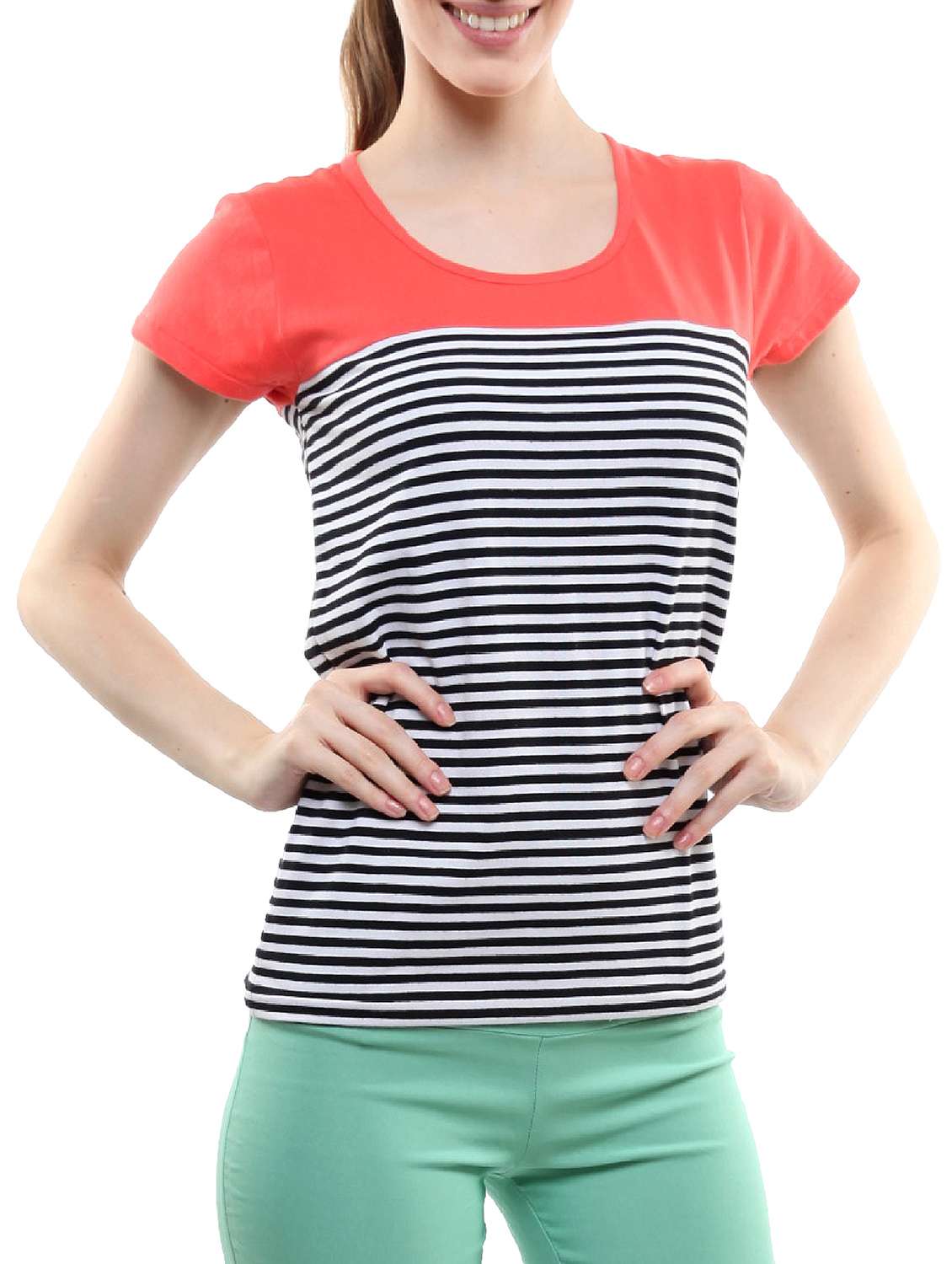 cotton knit striped short sleeves casual top