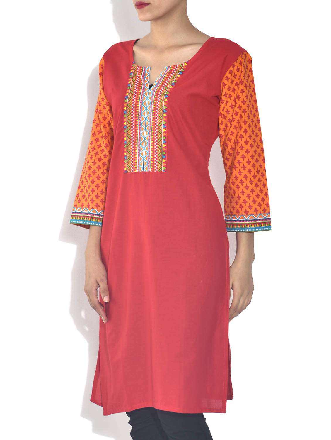 red cotton straight kurta - 9540139 - Standard Image - 1