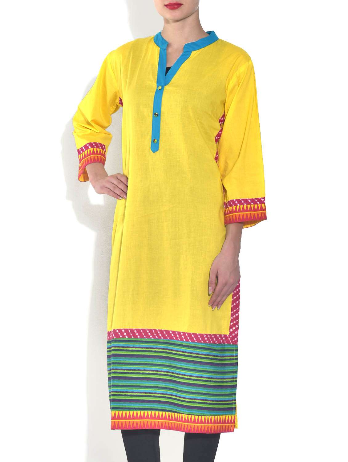 yellow cotton straight kurta - 9540156 - Standard Image - 1