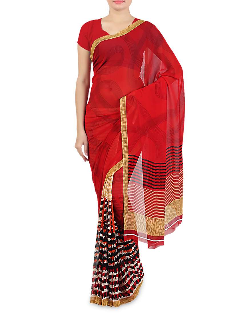 geometrical printed red saree with blouse
