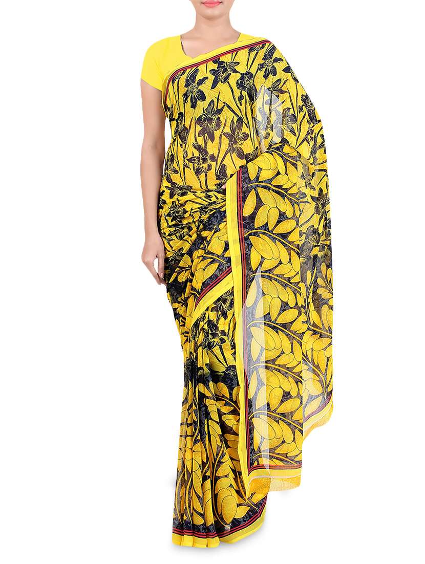 yellow and black chiffon printed saree with blouse