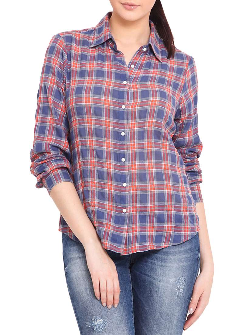 blue and rust checks cotton shirt