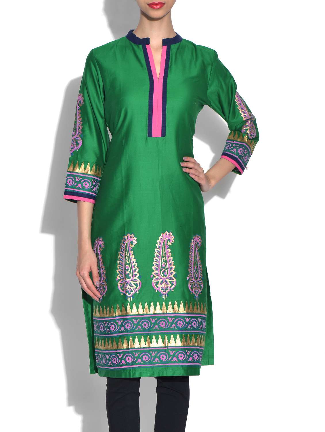 green printed quarter sleeved poly cotton kurta
