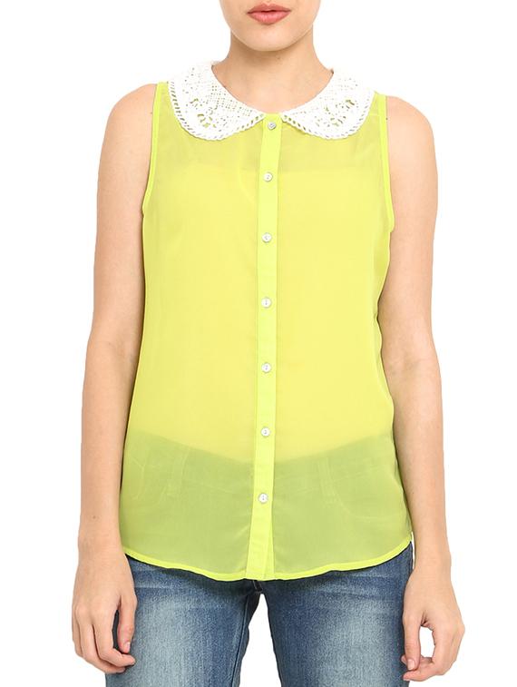 Lime Green Poly Georgette Peter Pan Collar Top - By