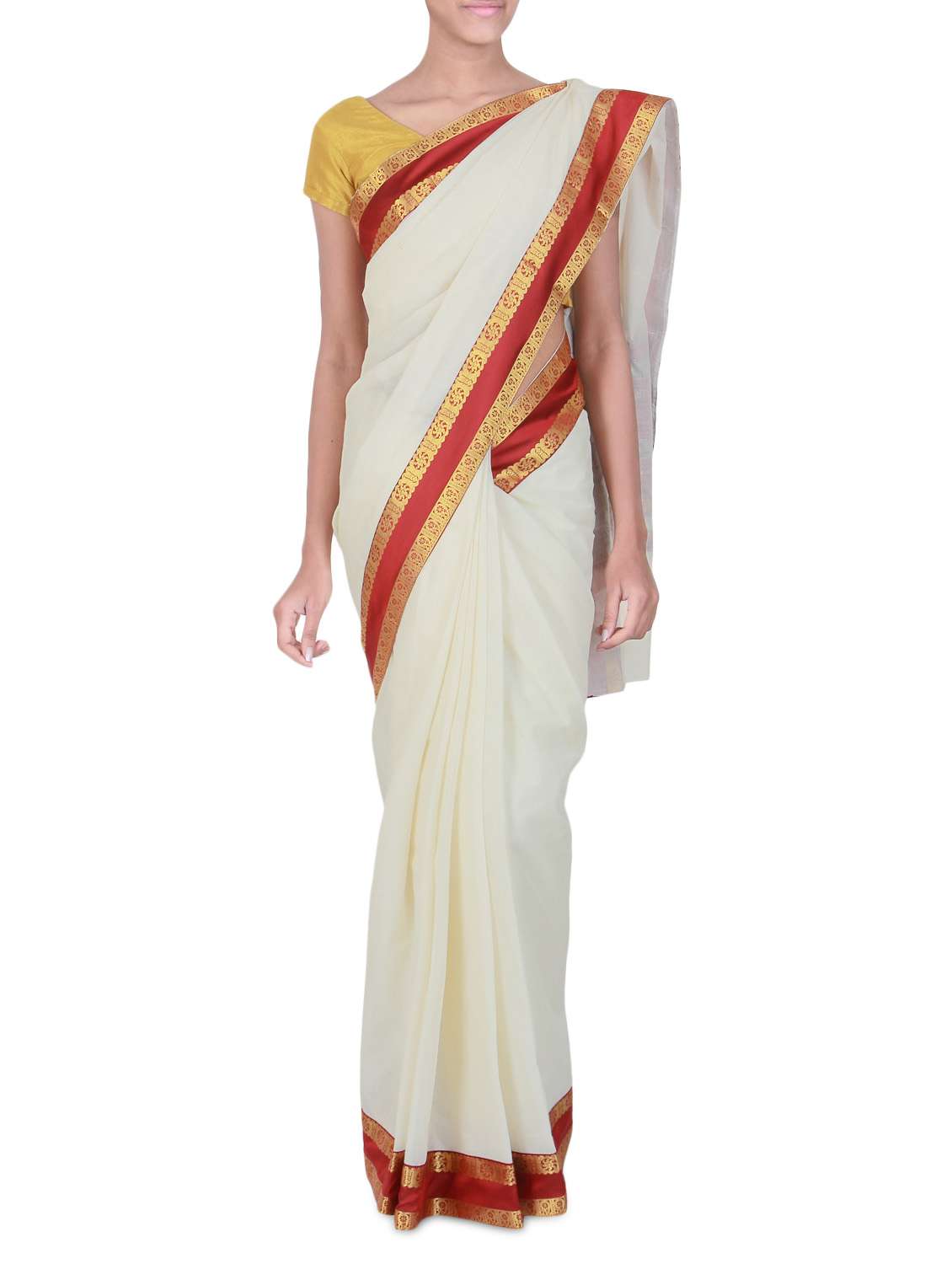 white cotton  kasavu saree with blouse
