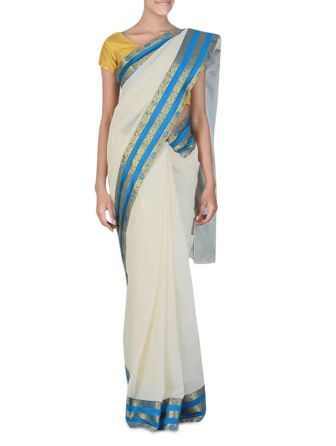  white cotton  kasavu saree with blouse