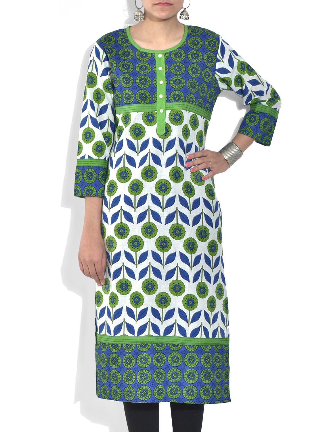 White Floral And Leaf Printed Cotton Kurta - By