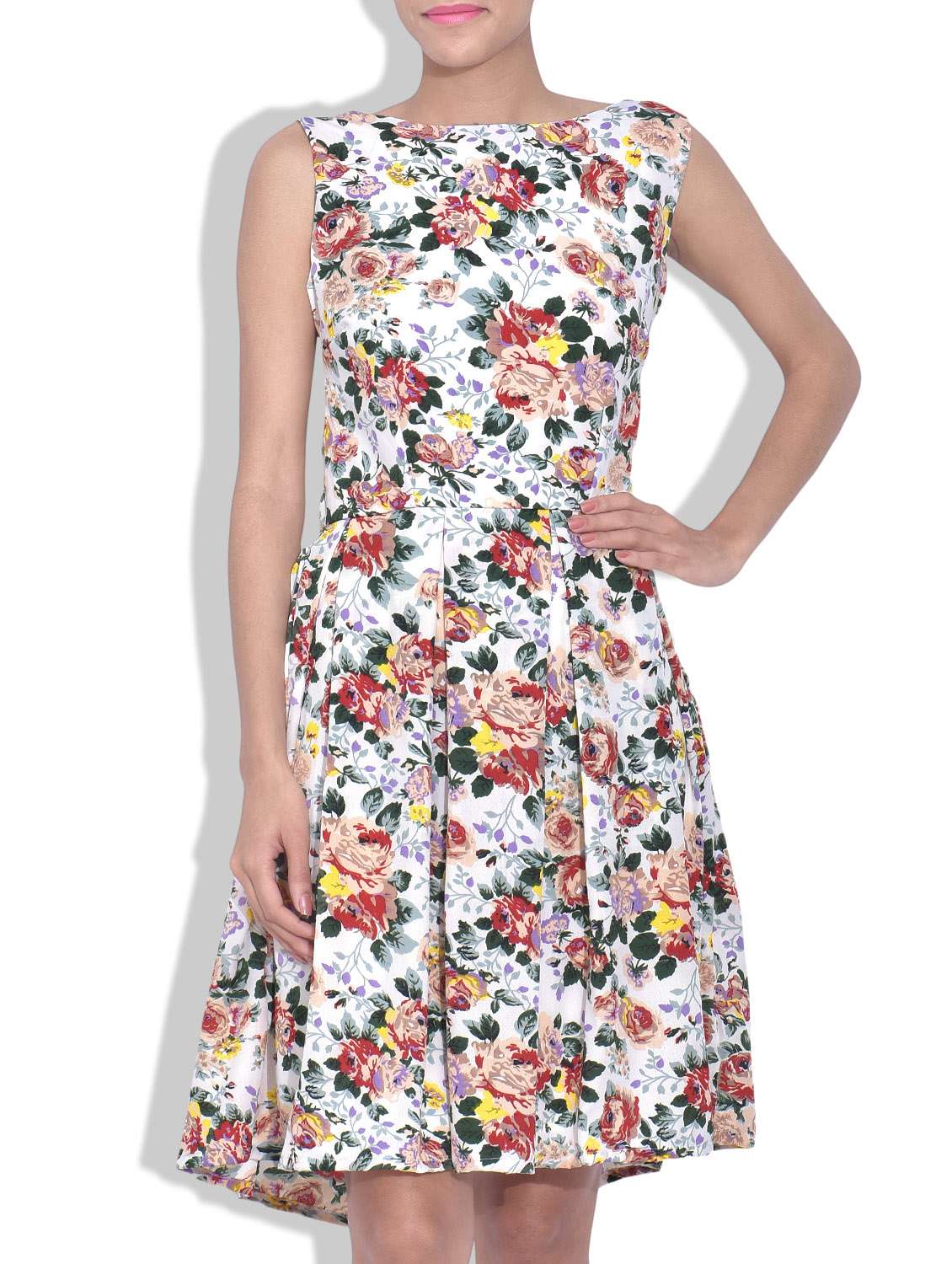 white floral printed crepe fit and flare dress