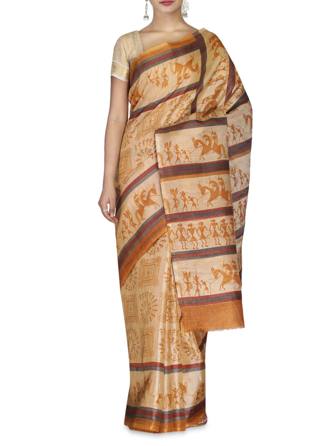 Multicoloured Bhagalpuri Khadi Silk Warli Printed Saree - By