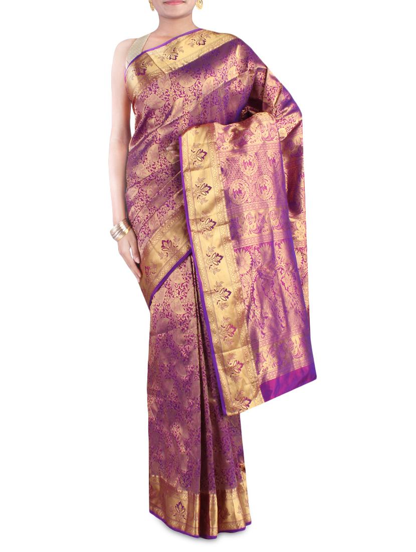 Purple And Gold Embroidered Pure Silk Saree - By