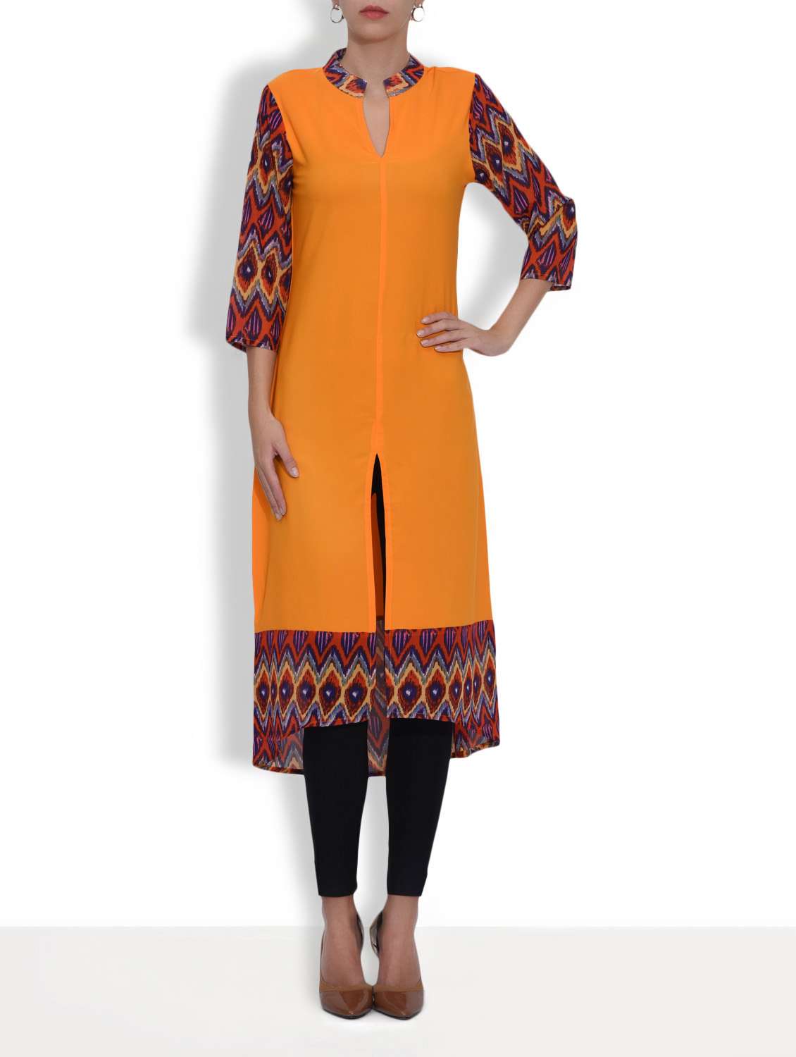 orange crepe printed three quarter sleeved long high slit  kurta