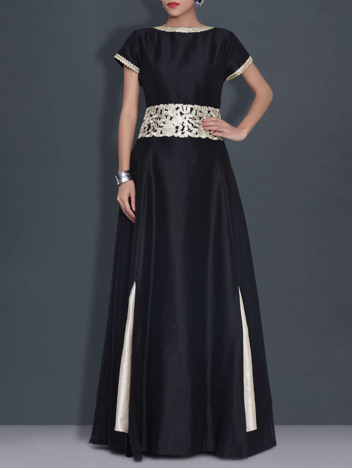 black embroidered poly dupion dress