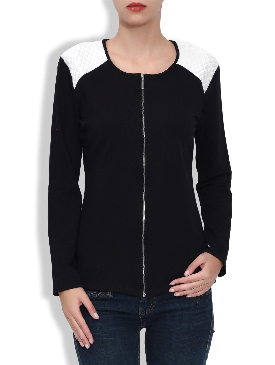 Black And White Fleece Jacket With Quilted Shoulders - By