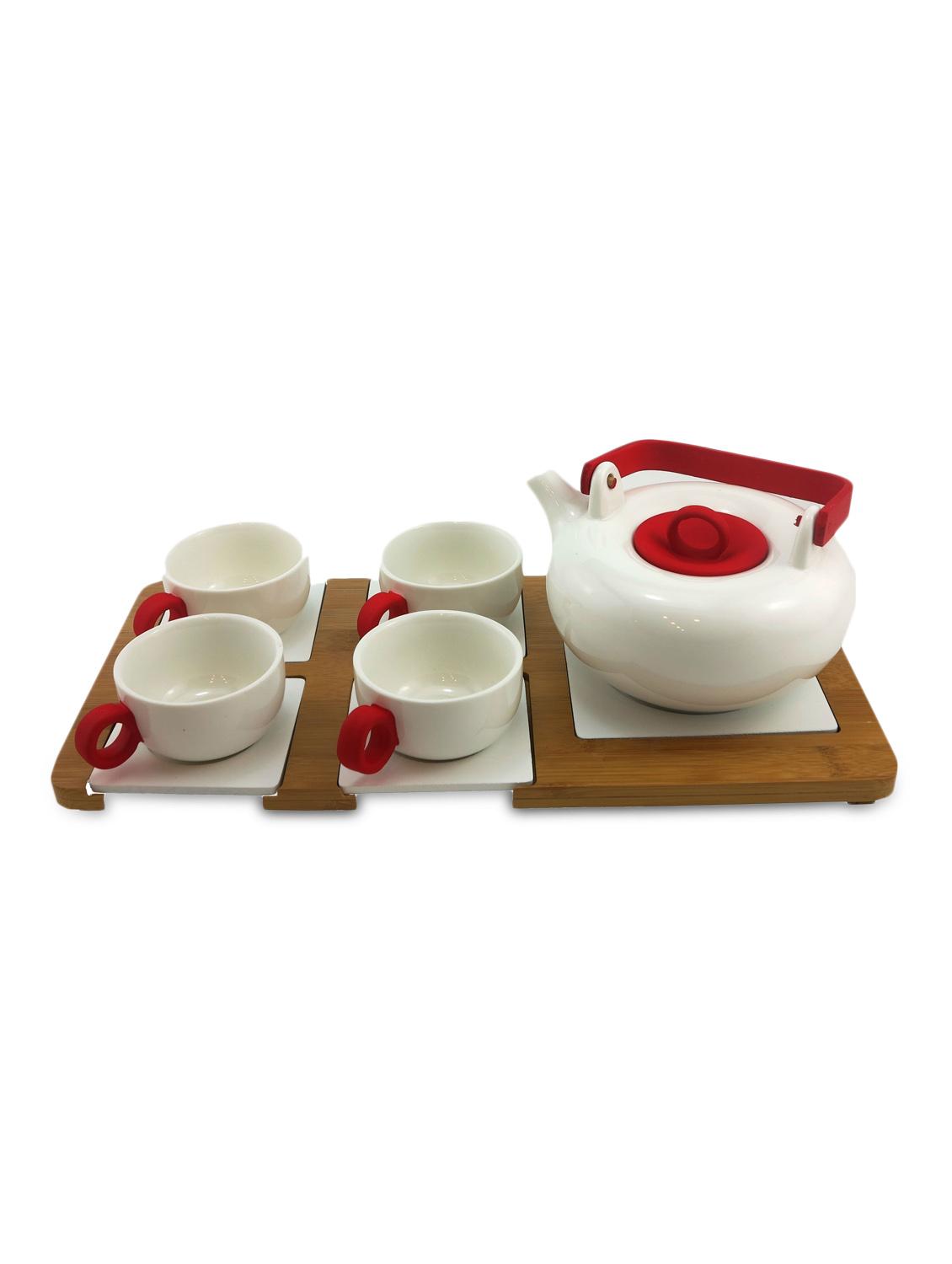 Set Of 4 White Ceramic Cups With A Kettle And Tray - By