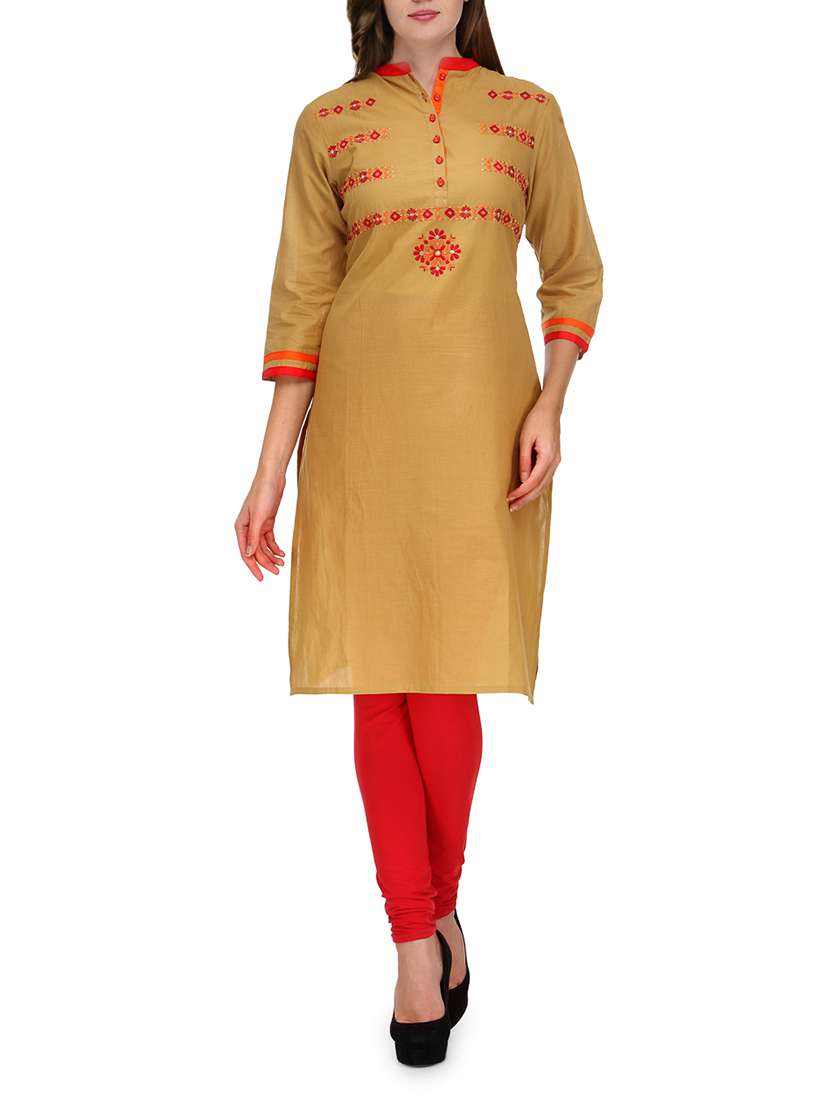 beige floral embroidered cotton kurta