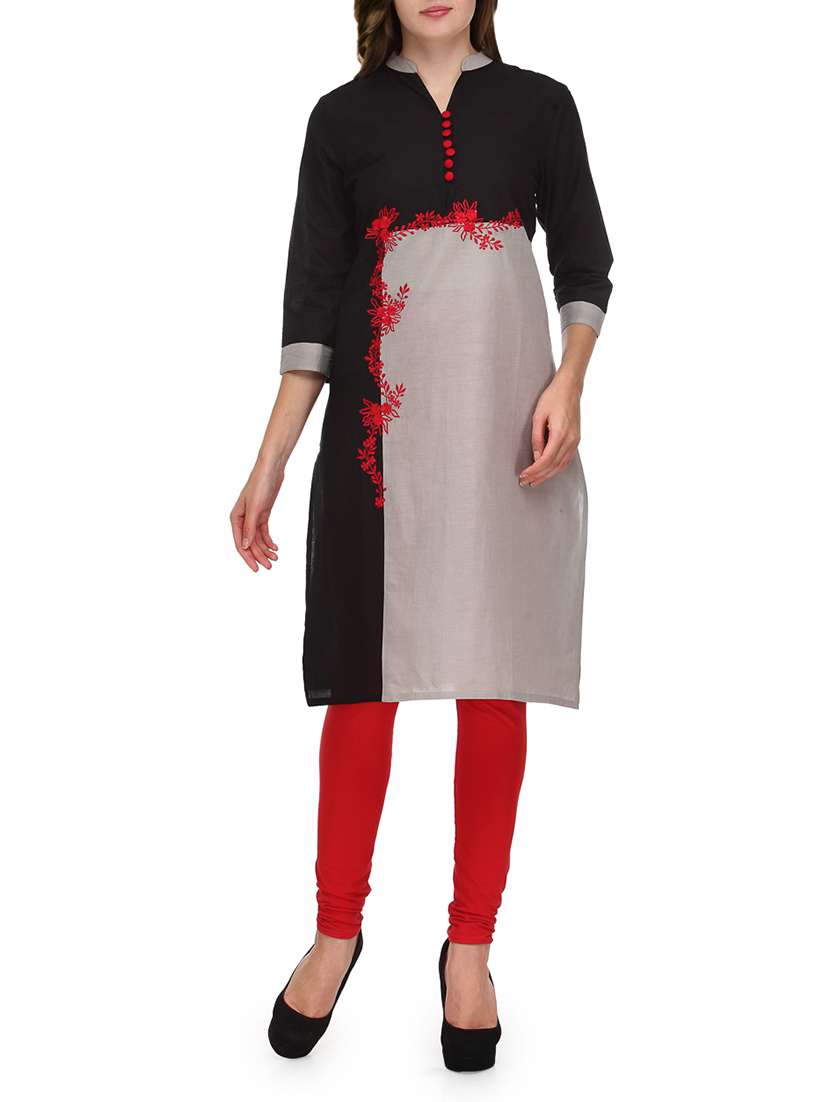 black and grey floral embroidered cotton kurta