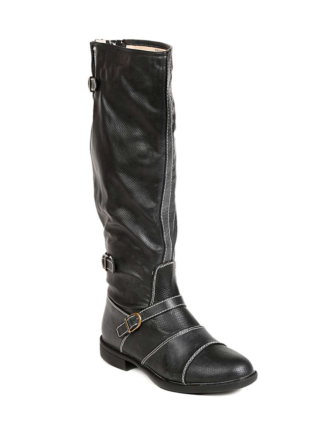 buckle detailed black leather knee-high boots