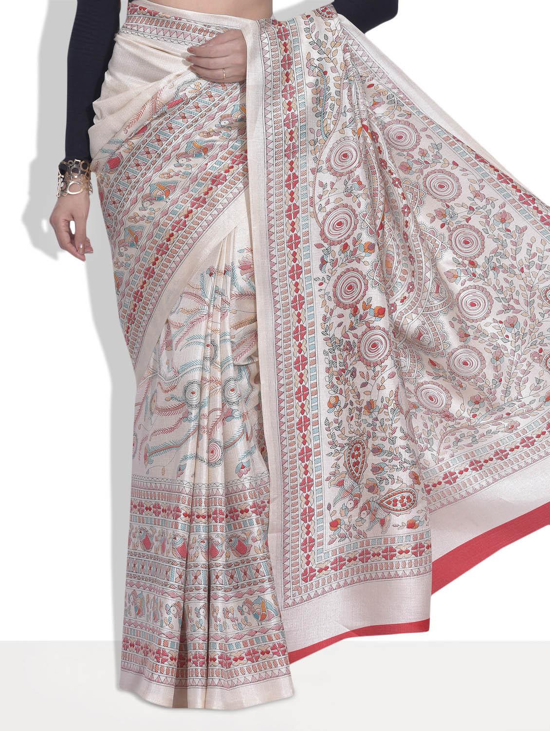 cream and red silk madhubani saree with blouse - 9613942 -  Standard Image - 1