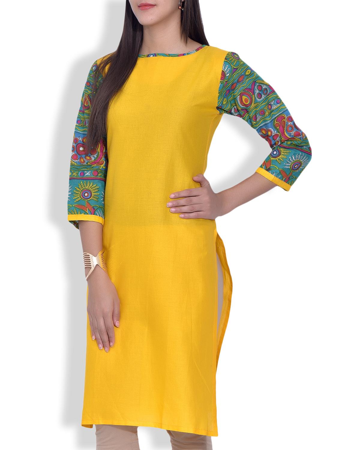 yellow printed sleeved cotton kurti - 9620810 -  Standard Image - 1