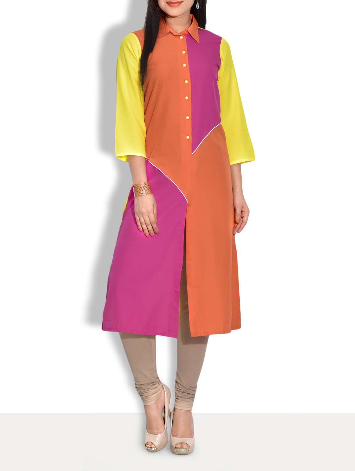 orange Blocked Pure Crepe Long Shirt Kurta