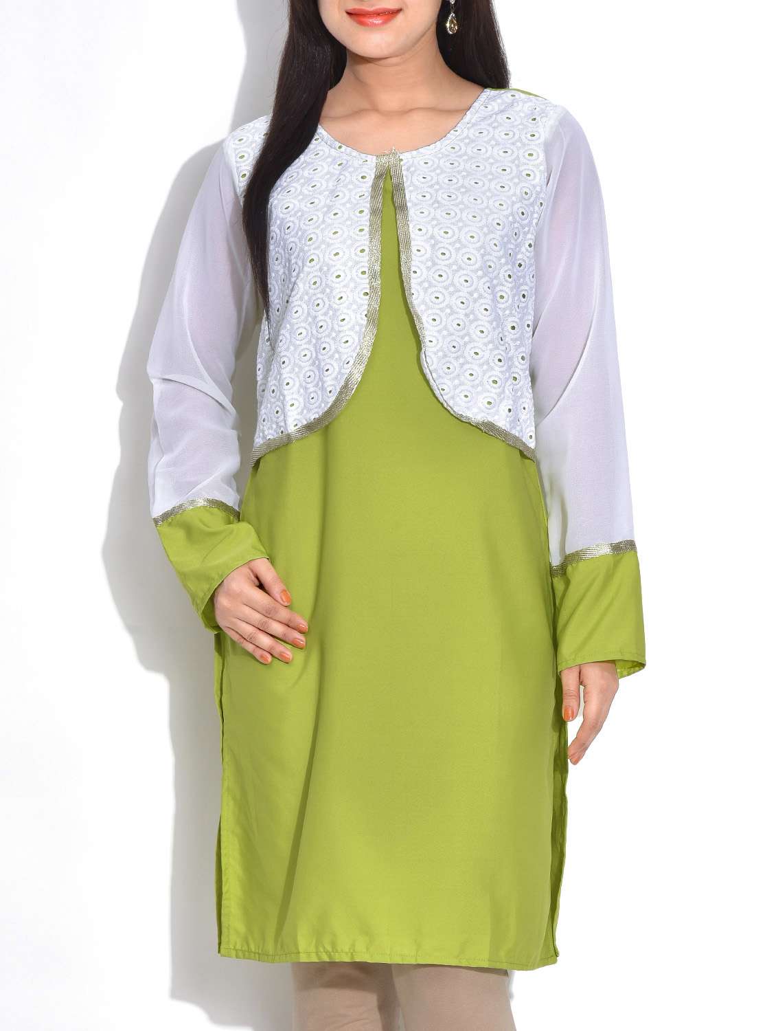 Green and White Crepe Kurta with Faux Shrug