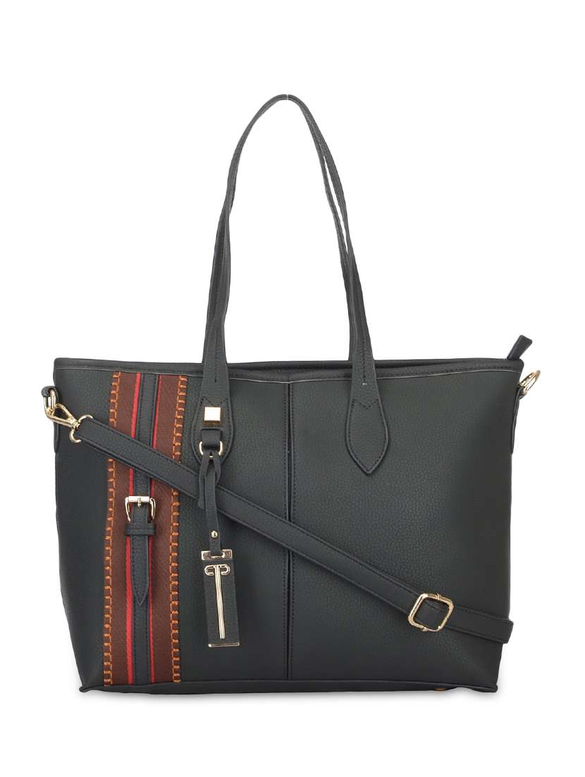 black leatherette striped handbag