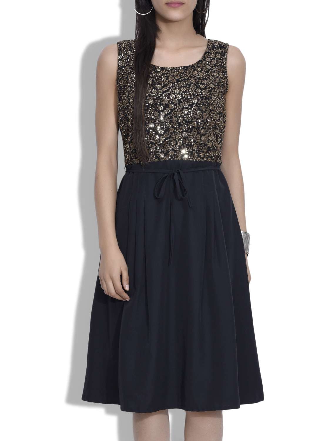 black poly crepe  a line dress