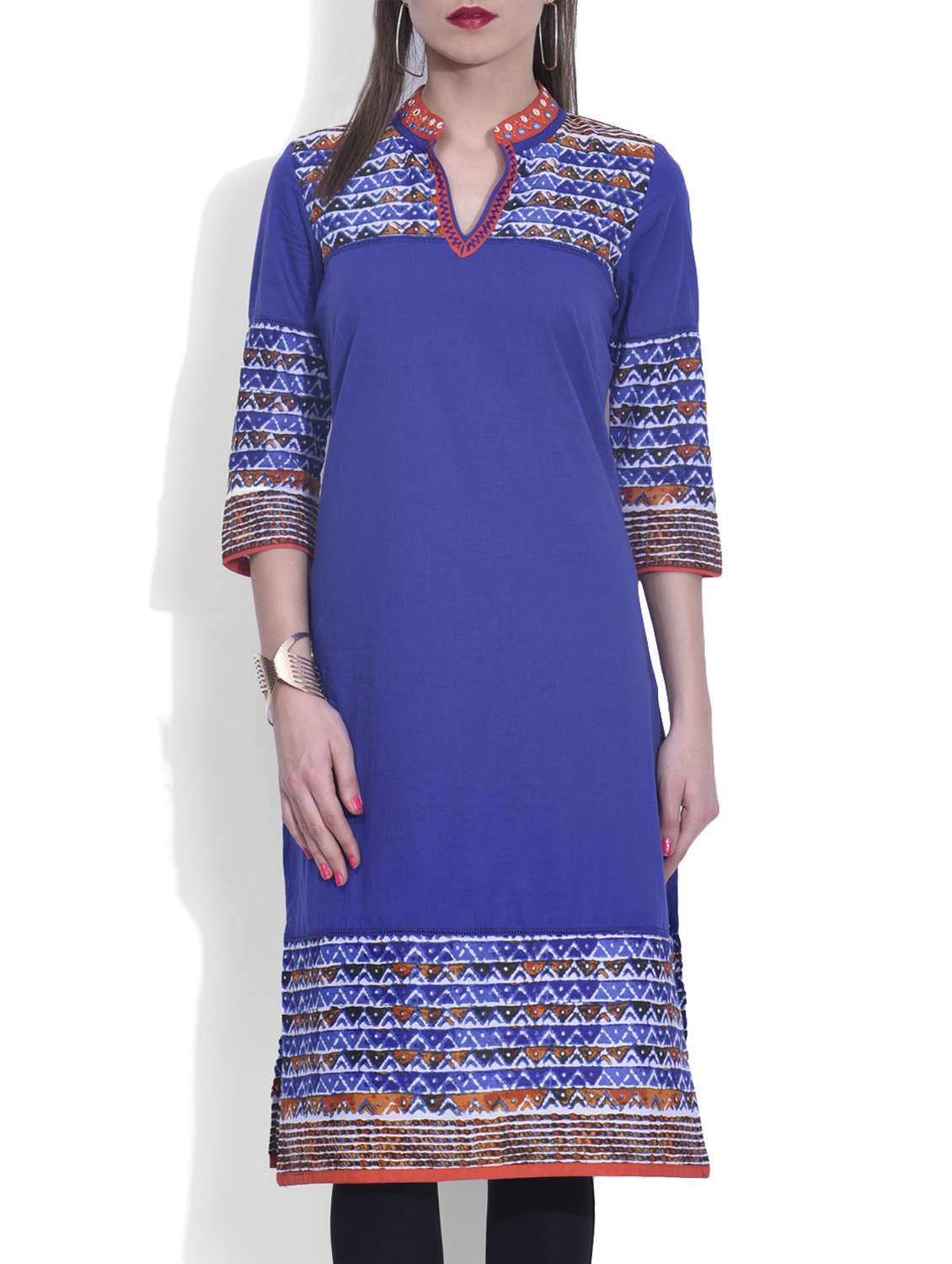 blue printed quarter sleeved cotton kurti