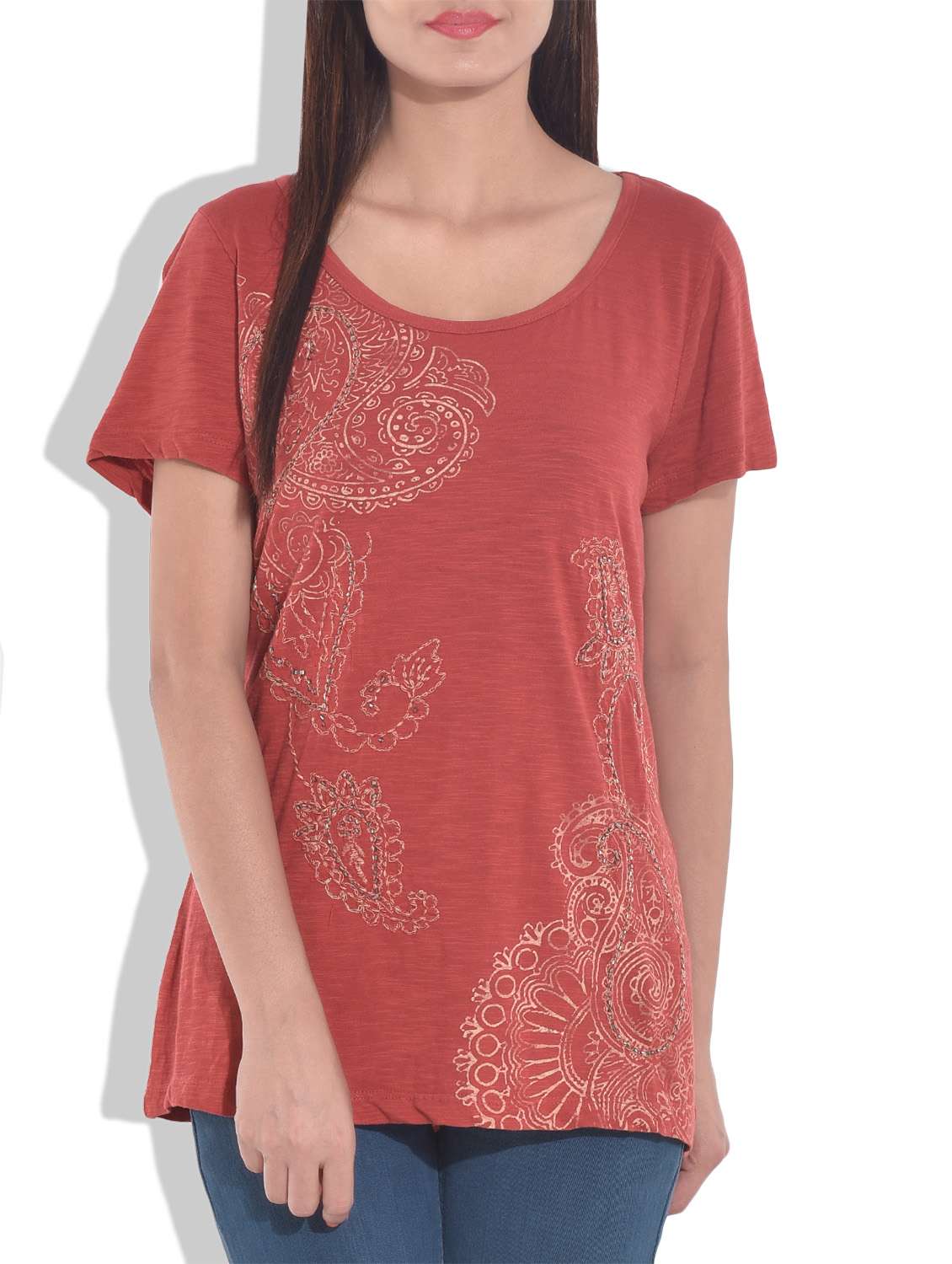 orange printed knitted cotton top