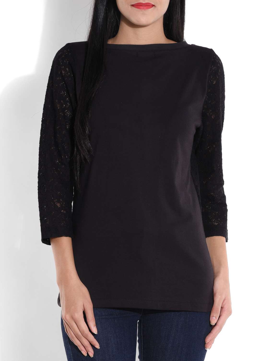 black cotton knit top with lace work