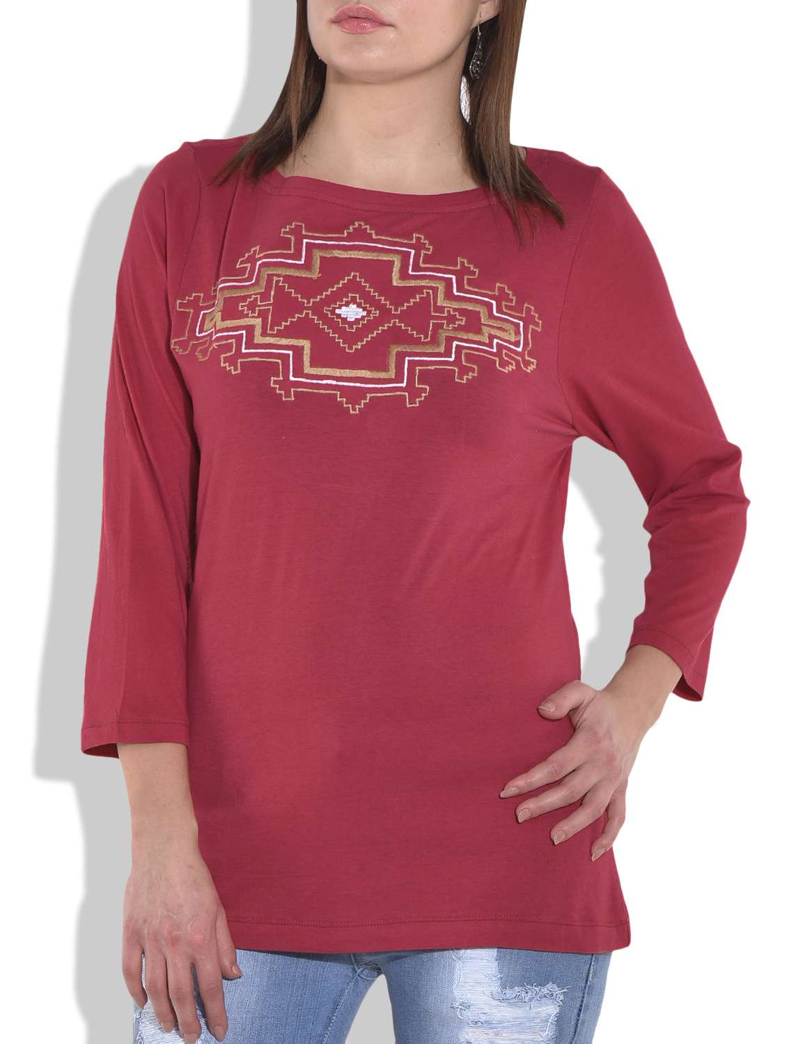 red embroidered cotton knit top