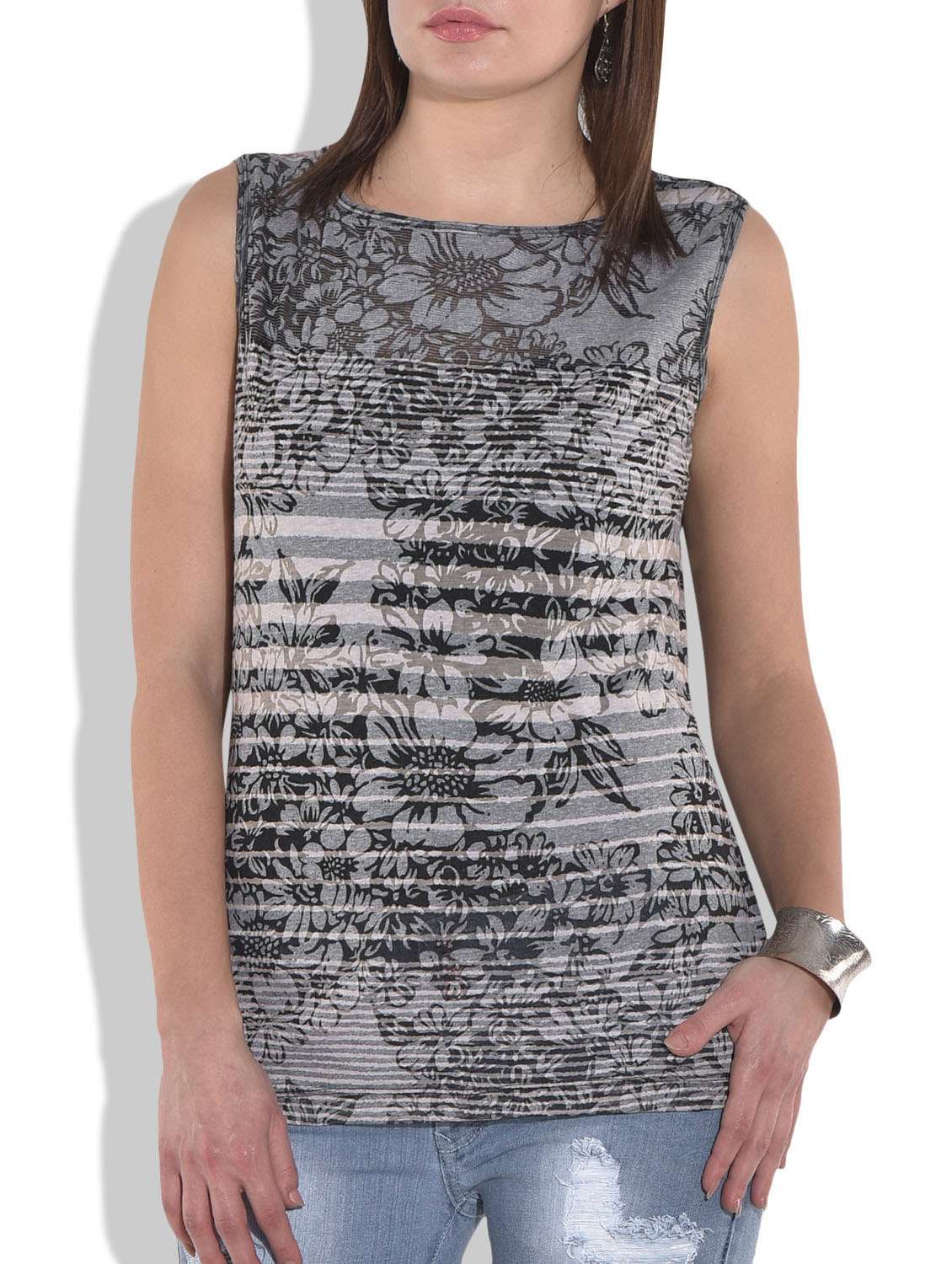 grey floral printed sleeveless cotton knit top