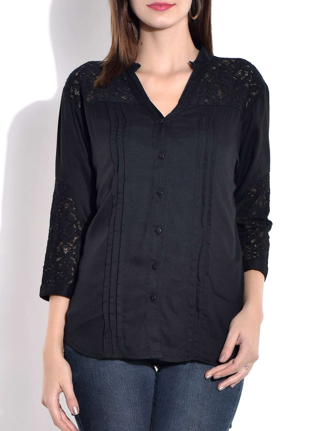 black cotton pin tuck cut-worked shirt