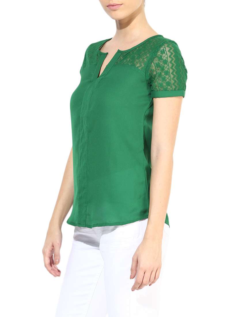 the vanca solid forest green lace detailed top - 9654077 -  Standard Image - 1