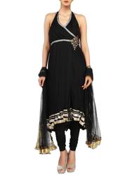 black embellished pleated georgette asymmetrical suit set