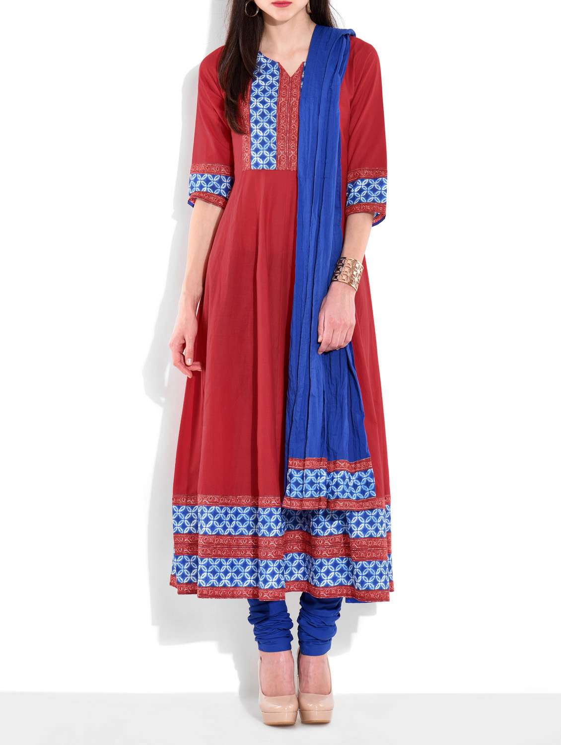 red n blue cotton anarkali suit set